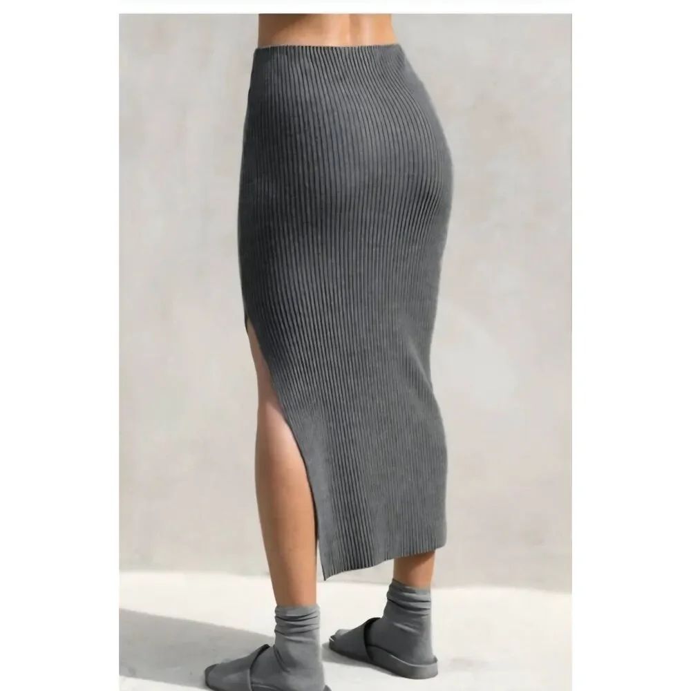 Joah Brown Ribbed Knit Side Slit Midi Skirt sz XS/S
